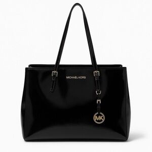 Michael Kors Black Patent Leather Tote Gold Hardware Large Shoulder Bag